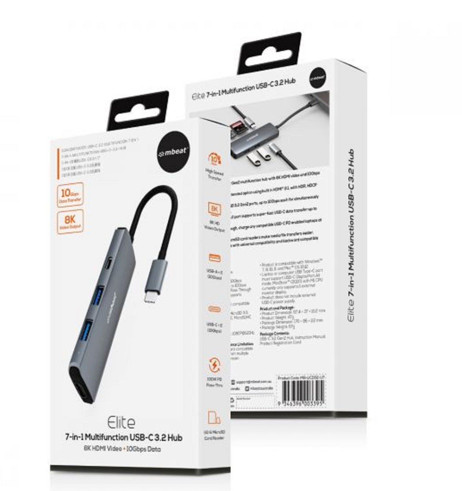 mbeat "Elite" 7-in-1 Multi-Port USB-C 3.2 Hub with 8K HDMI Video, 10Gbps Data, Space Grey