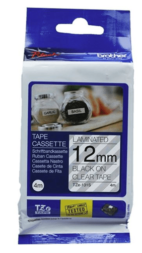 Brother TZe-131S 12mm x 4m Black on Clear Laminated Tape