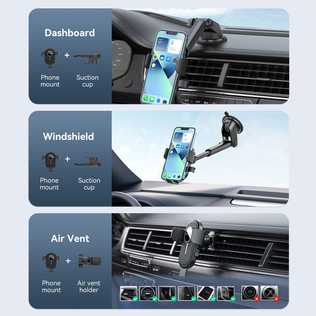 Vention One Touch Clamping Car Phone Mount with Suction Cup Black Square Type