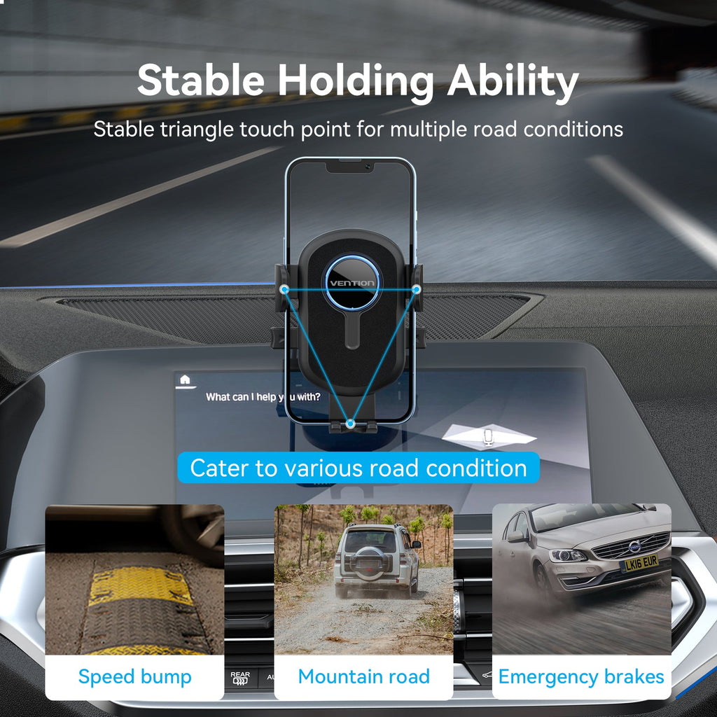 Vention One Touch Clamping Car Phone Mount with Suction Cup Black Square Type