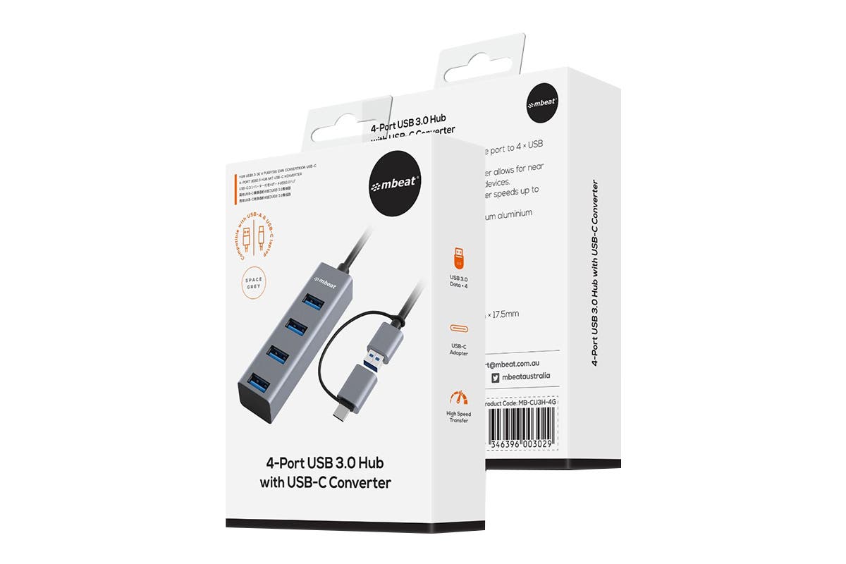 mbeat 4-Port USB3.0 Hub with USB-C Converter - Space Grey